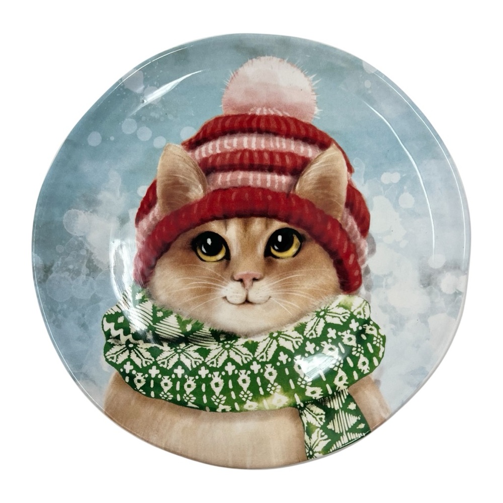 Pier 1 Winter Cat Ironstone Plate with Red Hat and Green Scarf Holiday